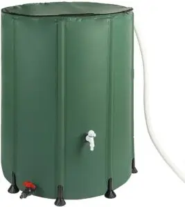Récupérateur d'eau de pluie pliable Terre Jardin, de couleur verte, d'une capacité de 750 litres, présentant un design cylindrique et un robinet central. Ce réservoir robuste et pratique est conçu pour collecter et stocker efficacement l'eau de pluie.