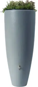 Récupérateur d'eau de pluie GARANTIA 2en1 de 300 litres en gris, conçu avec un bac à plantes supérieur, doté d'un robinet élégant en laiton, idéal pour la collecte d'eau et l'embellissement des jardins ou terrasses
