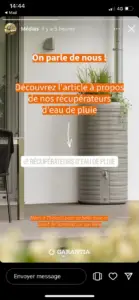 Capture d'écran montrant un post Instagram de Garantia remerciant Thibault pour la promotion de leurs récupérateurs d'eau de pluie sur son blog, avec un récupérateur d'eau visible à côté d'une maison moderne.