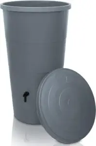 Récupérateur d'eau de pluie YourCasa de 200 litres de couleur grise, avec un design cylindrique élancé et un robinet en bas, prêt pour une installation facile et une collecte efficace de l'eau de pluie.